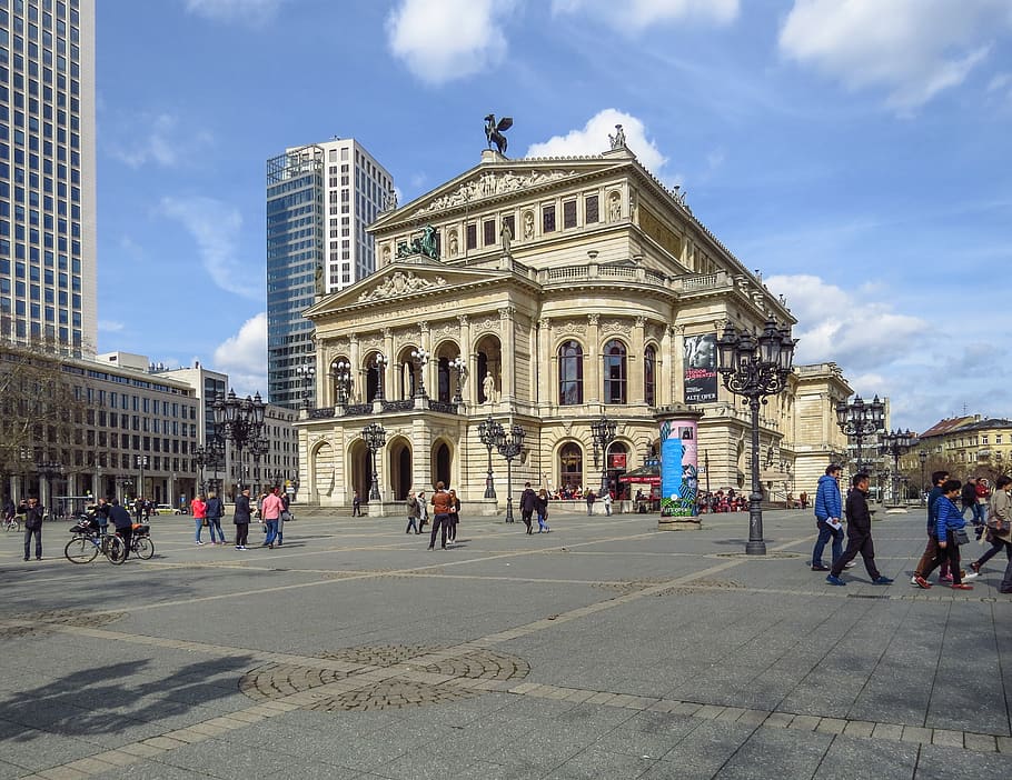 frankfurt main, old opera, opera house, concert hall, architecture, downtown, travel, built structure, building exterior, crowd