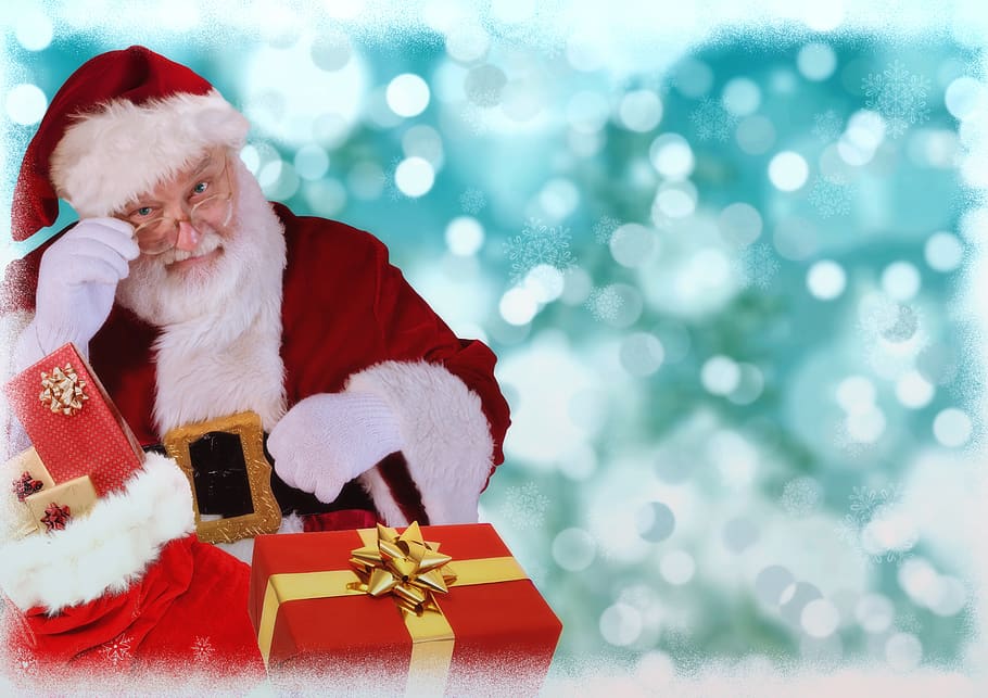 christmas motif, santa claus, gifts, christmas card, bokeh, christmas, decorative, white, blue, snow