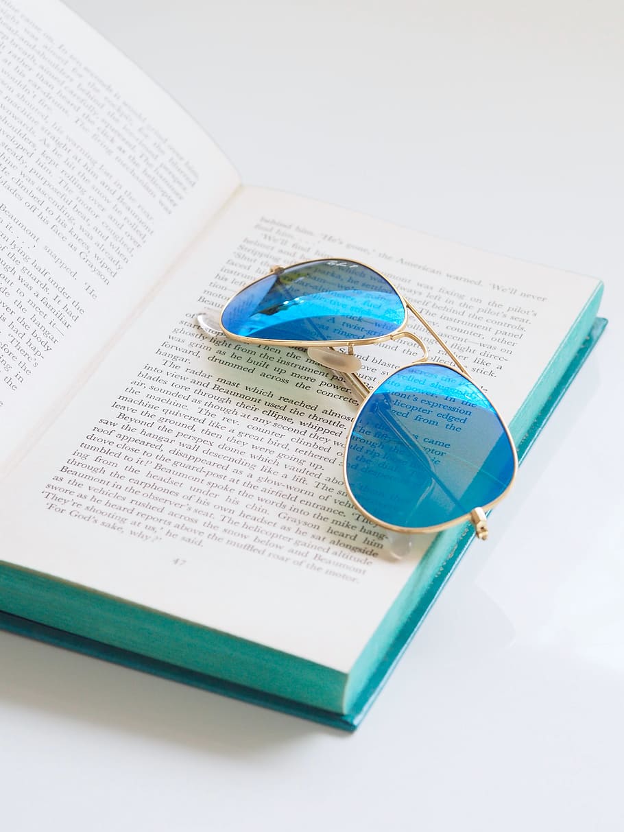 azul, óculos de sol, livro, livro aberto, ler, escrever, literatura, branco, plano de fundo, publicação