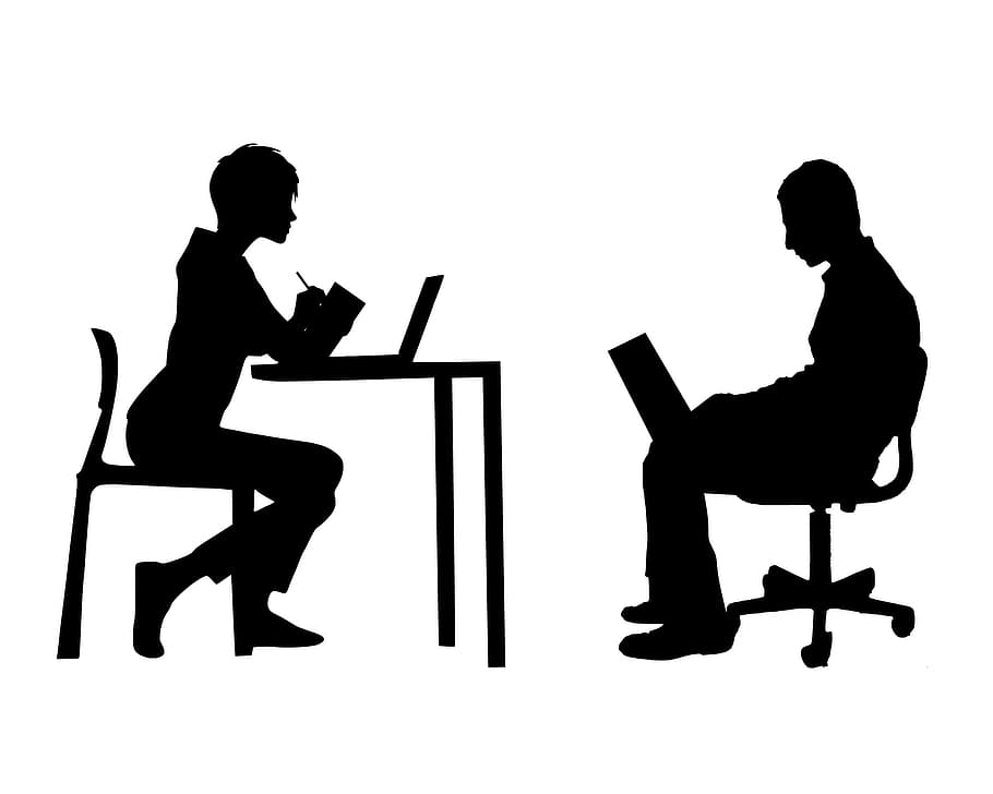 Ilustración, dos, reunión de personas, oficina, computadoras portátiles., planificador, evaluación, trabajo en equipo, consultoría, estimación