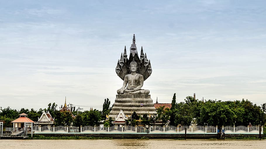 grande, estátua de buda, rio cho praya, bangkok, tailândia, budismo, buda, estátua, religião, ásia