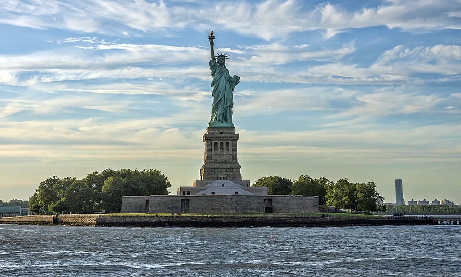 new york, city, urban, hudson, river, statue of liberty, architecture, buildings, skyline, landmark