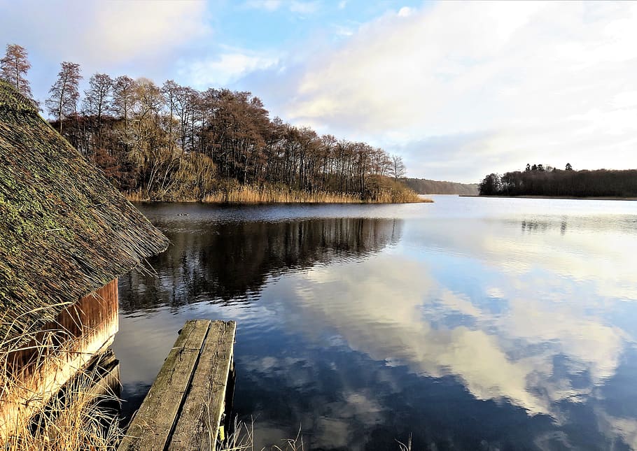 lake, landscape, northern germany, nature, water, boat house, web, forest, winter, sunshine