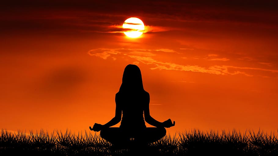 nascer do sol, ioga, natureza, meditação, céu, o ano, mulher, relaxamento, silhueta, espiritual