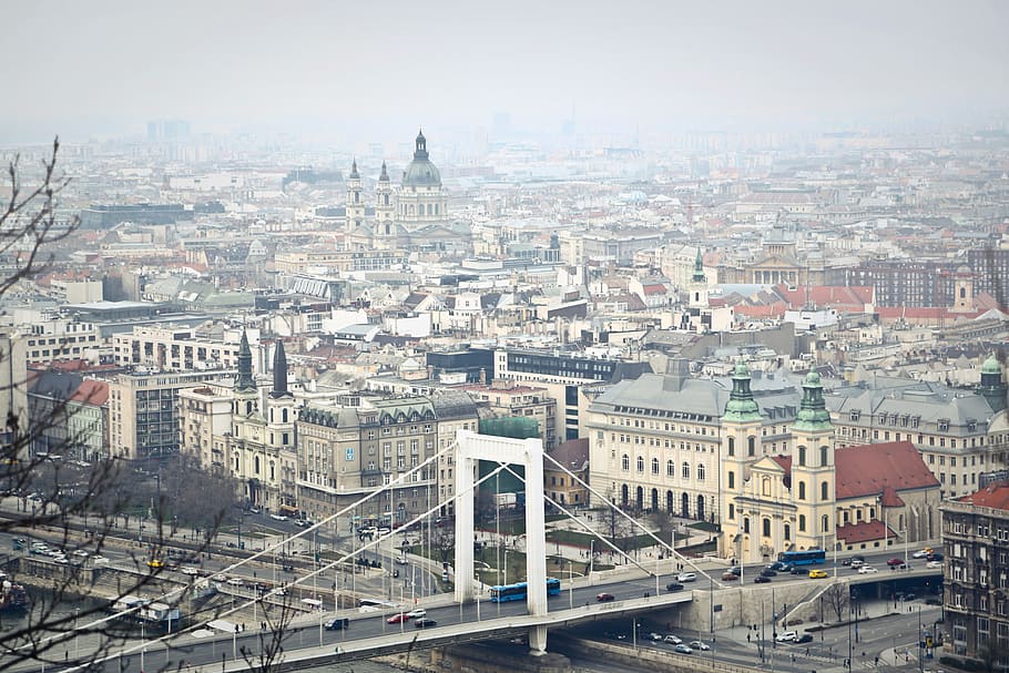 aerial, view, elisabeth bridge, juga, dikenal, erzsebet hÃ Œd, hÃŒd, budapest, hungary, arsitektur
