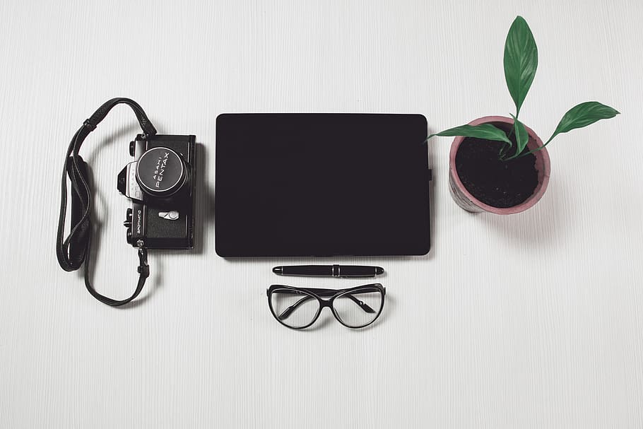 câmera portátil, &, óculos, tecnologia, câmera, criativa, mínimo, caneta, canetas, fotógrafo