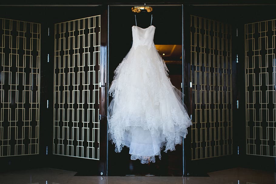 gaun pengantin, beragam, pernikahan, di dalam ruangan, warna putih, gantung, mode, gaun, pakaian, malam