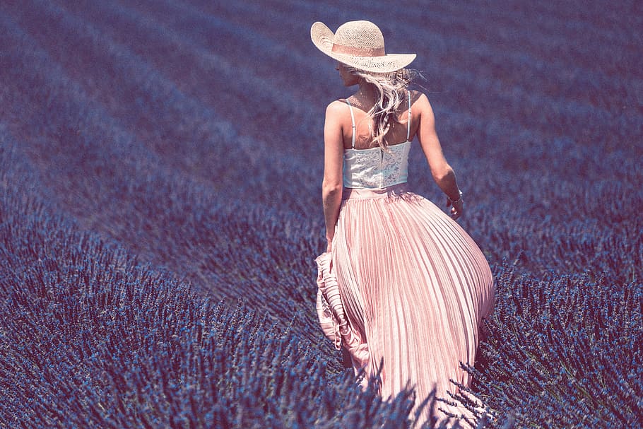 walking, lavender, field, beautiful, beauty, blonde, dreamy, dress, eco, fairytale