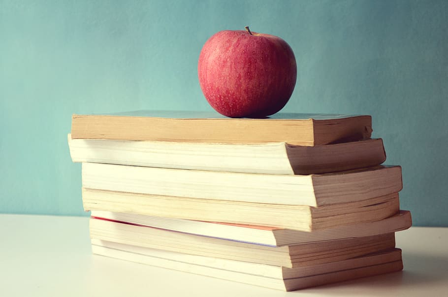 tumpukan, buku, merah, apel, konsep, kreatif, makanan, ide, belajar, membaca