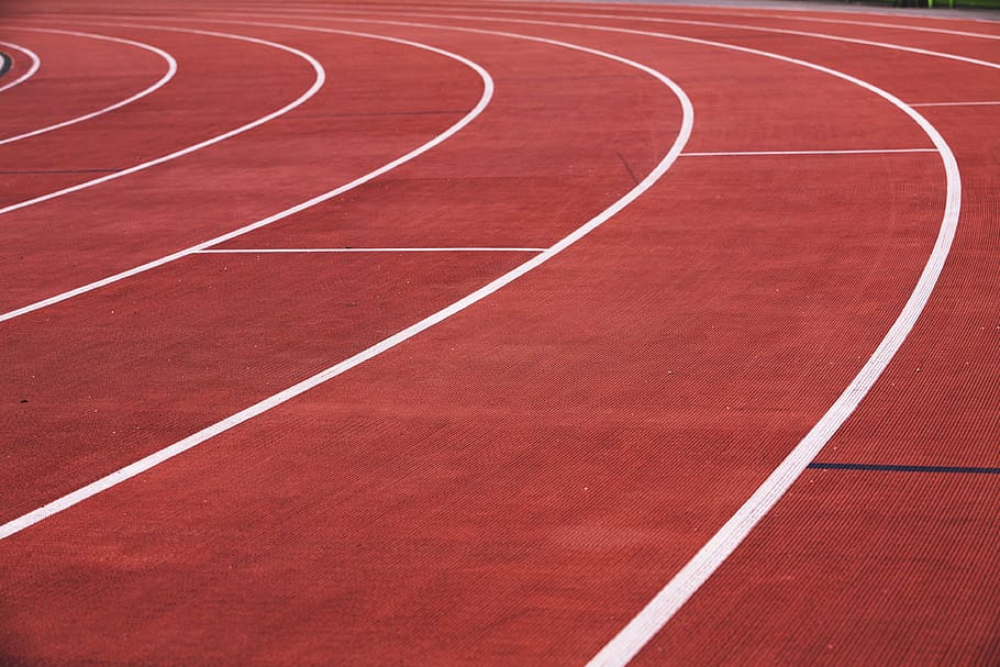 athletics running track, sportVarious, track and field, sport, curve, red, running track, sports track, absence, full frame