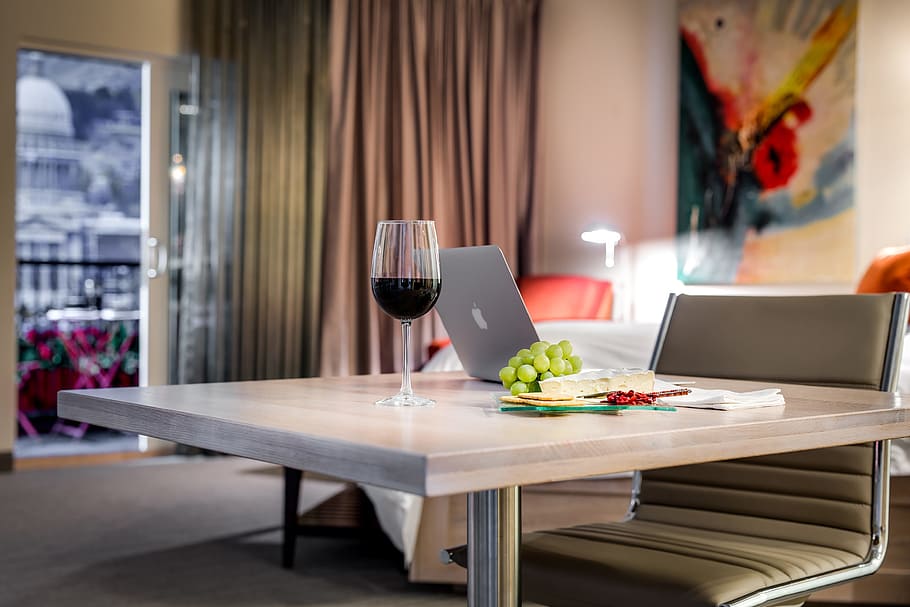 hotel room, various, hotel, hotels, table, wine, alcohol, food and drink, glass, wineglass