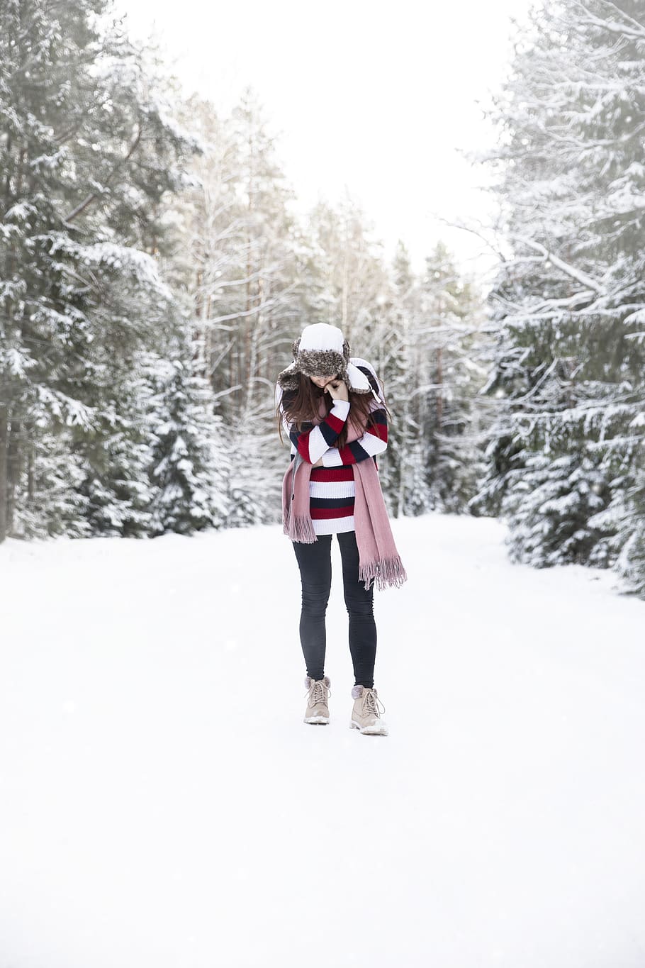 winter, snow, lady, female, forest, white, cold, coffee, love, trees ...