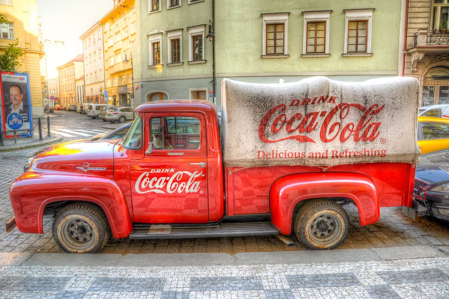 coca cola, truck, old, auto, vehicle, delivery, hauling, classic, color, prague