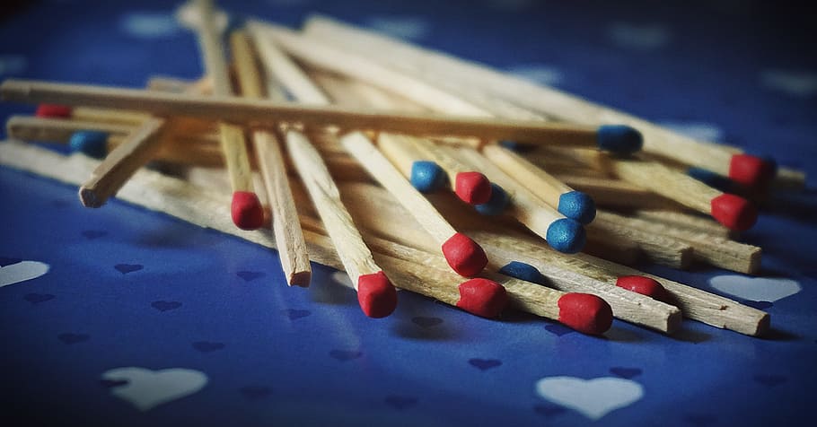 matches, macro, match, blue, red, fire, strike, wood, stick, background