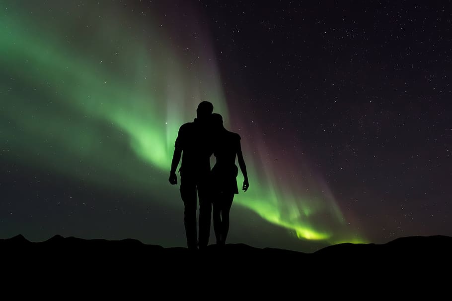 silhouette, people, northern lights, space, astronomy, standing, beauty in nature, sky, star - space, night