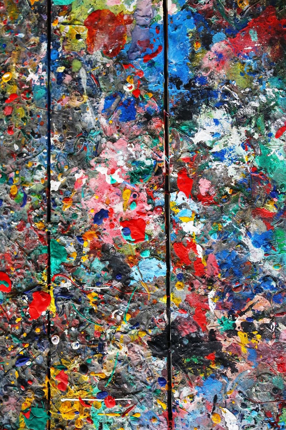 messy, colorful, wooden, board, covered, paint splats, used, artists palette, artists, palette