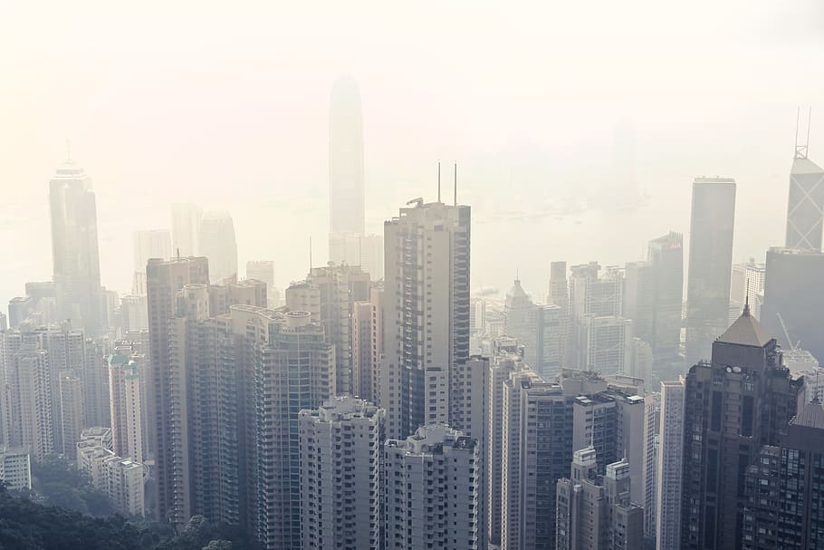 foggy, landscape view, skyscrapers, hong kong, architecture, asia, asian, blue, cityscape, fog