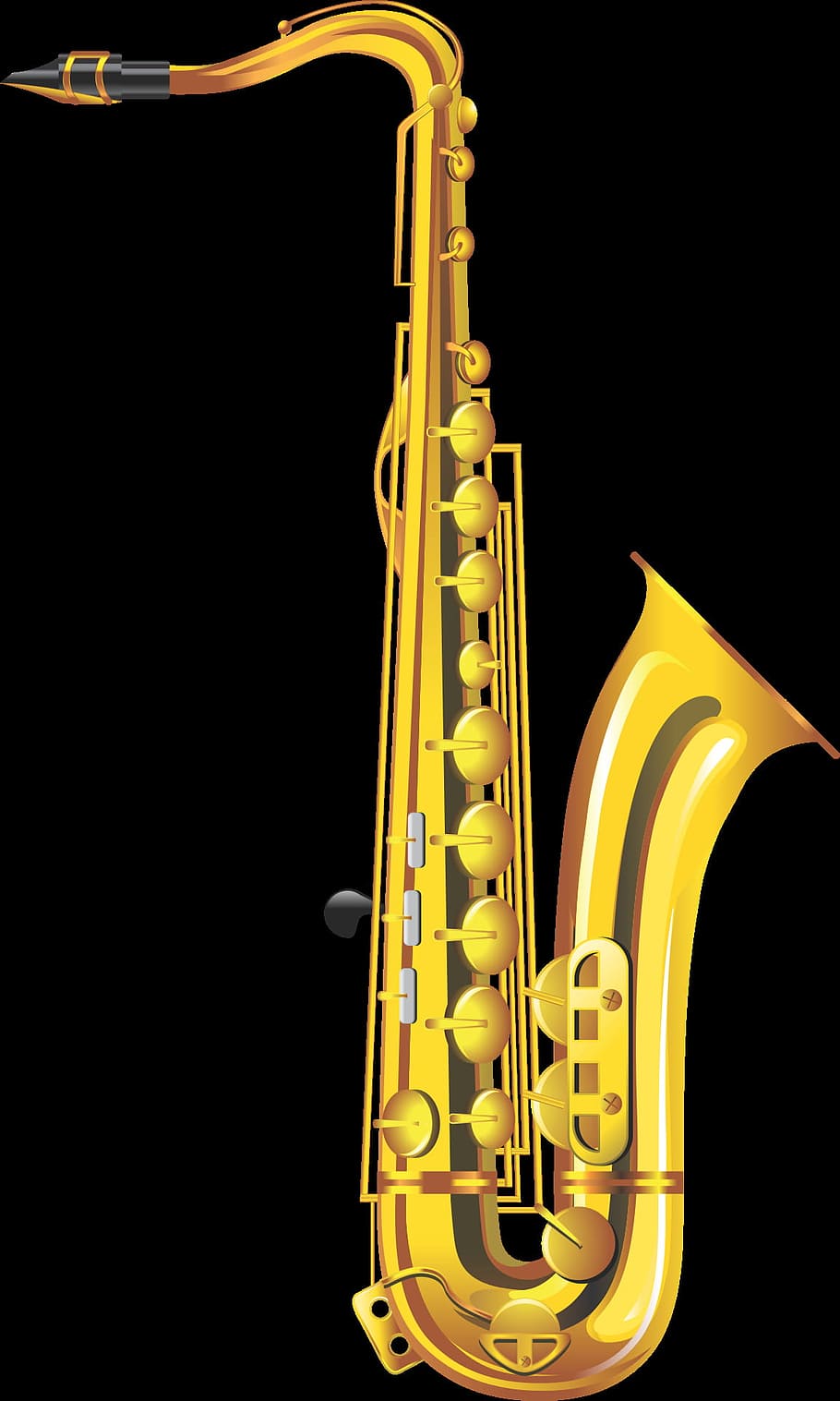 saxophone, graphic, graphical, object, music, musical, yellow, studio shot, black background, arts culture and entertainment