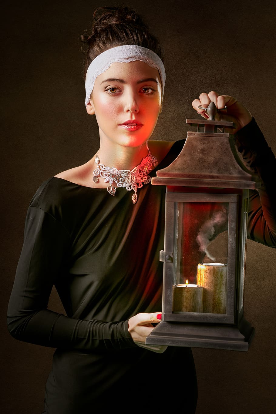 portrait, girl, lantern, history, vintage, search, hope, candle, smoke, necklace