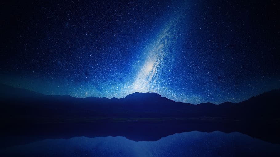 blue, night, stars, astrology, constellations, sky, space, atmosphere, mountains, water