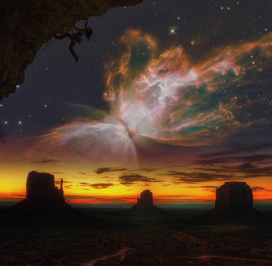 photo montage, hide, nebula, monument valley, sky, beauty in nature, scenics - nature, star - space, cloud - sky, tranquil scene
