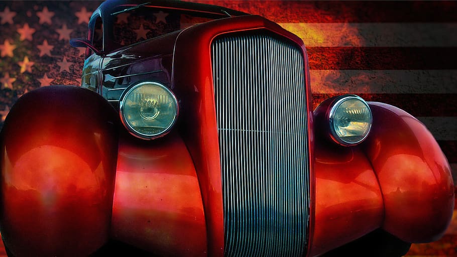 auto, oldtimer, us-car, classic, historically, american, old, restored, red, close-up