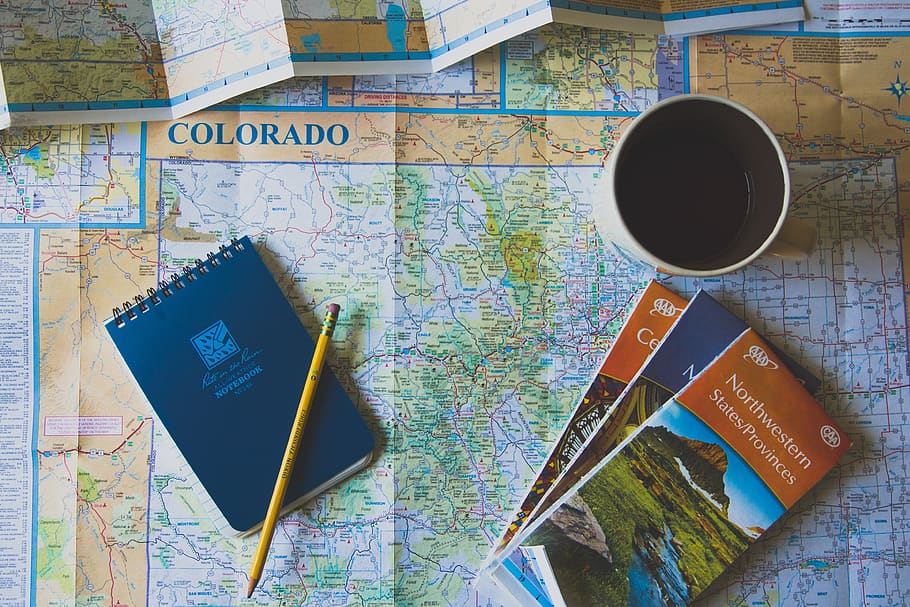 geografía, mundo, mapa, papel, folleto, cuaderno, bolígrafo, café, viaje, bodegón