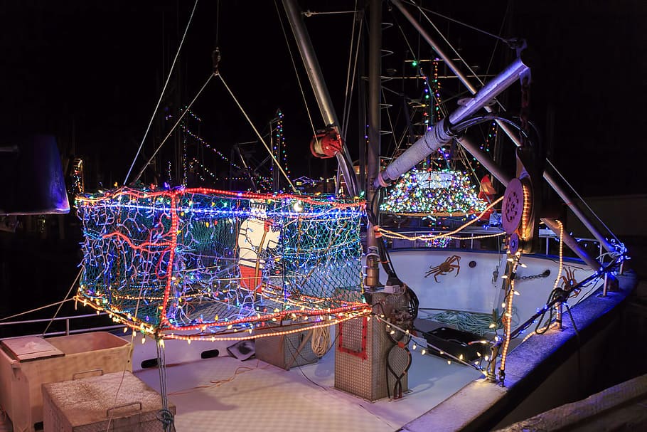 christmas, decorated, fishing boat, port, de, grave, newfoundland, labrador, canada, xmas
