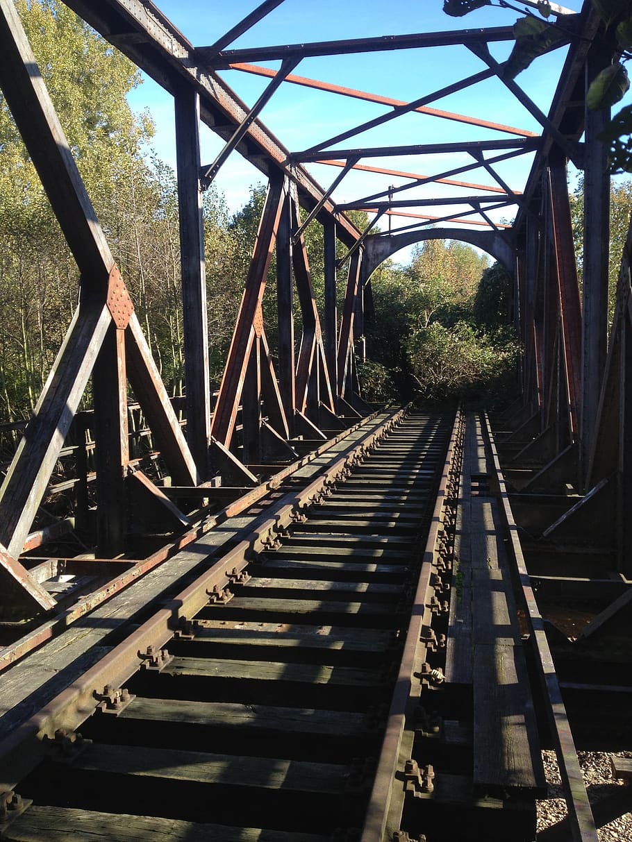 railway line, bridge, shut down, abandoned, rusty, old, disused, connection, built structure, rail transportation