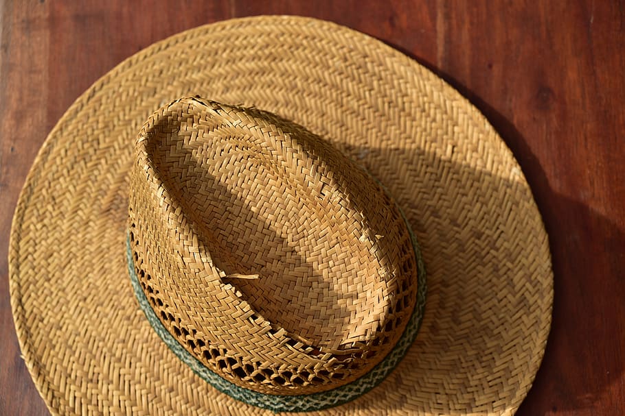 Sombrero, sombrero de paja, silla, madera, mesa, fondo, gota, coneflower, protección solar, sombreros