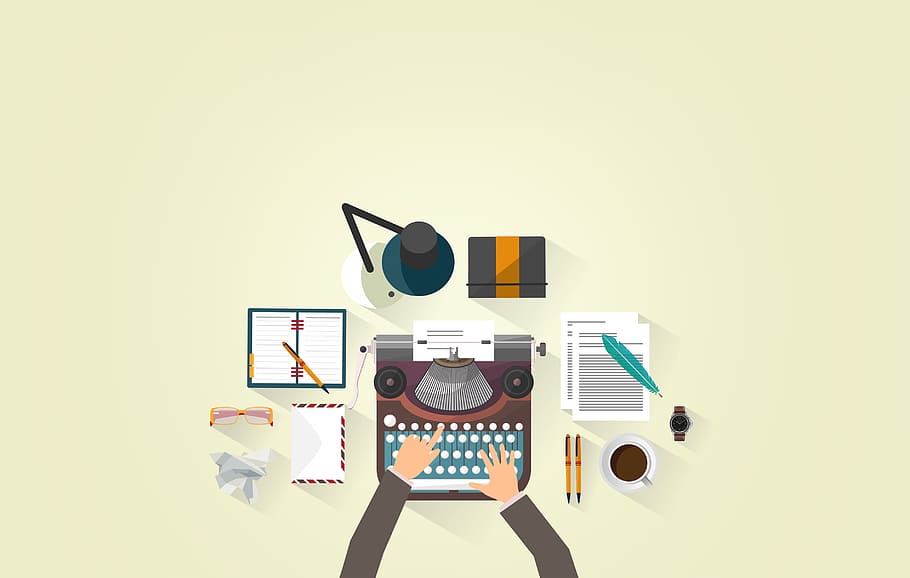 escritor digitando, -, máquina de escrever, mesa de trabalho, autor, equipamento, ilustração, letra, mensagem, objeto