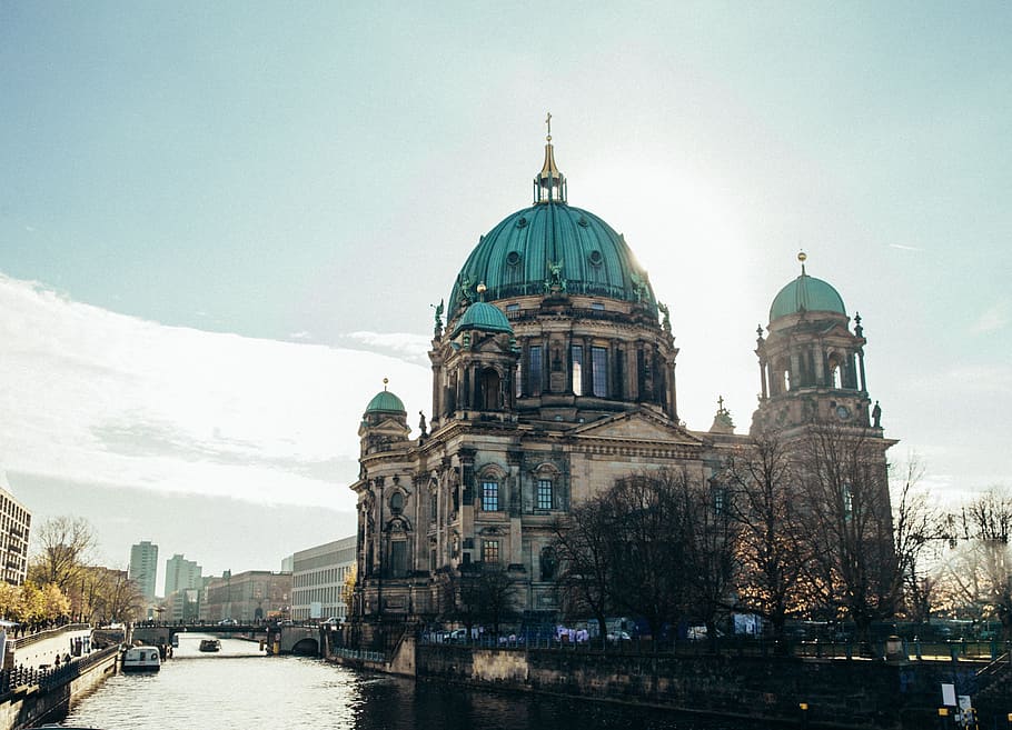 side view, berlin cathedral, spree river, sunshine, architecture, art, blue, bridge, capital, cathedral