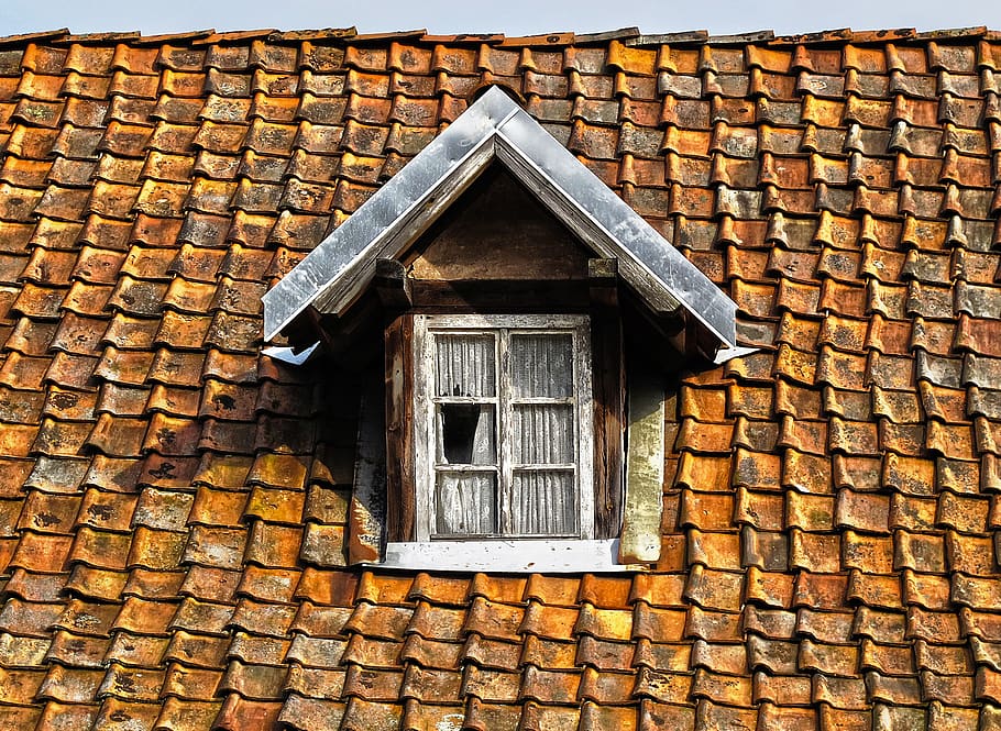 roof, tile, wooden windows, roof windows, weathered, ailing, old, pattern, old building, brick