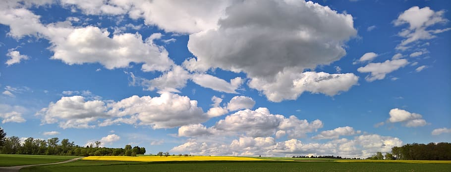 spring, clouds, sky, panorama, mood, blue, clouded sky, cloud - sky, environment, landscape