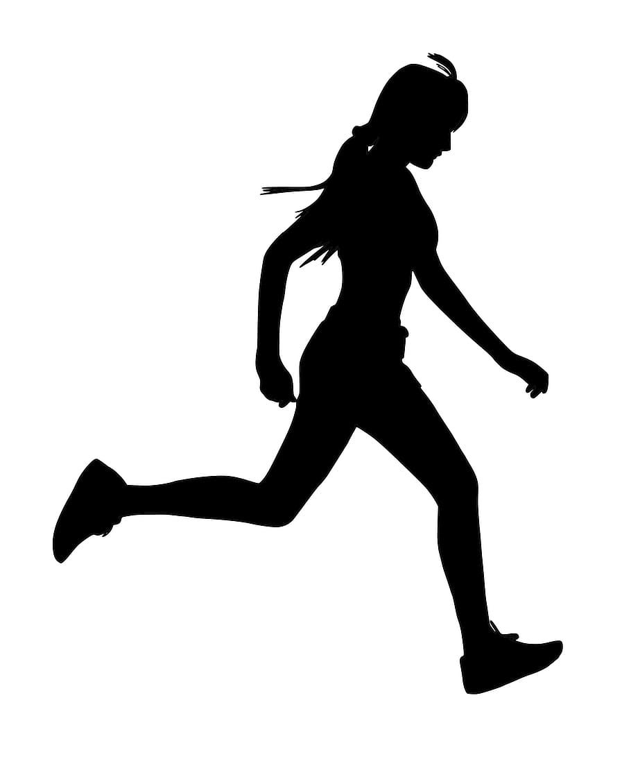 silhueta, mulher, corrida., corrida, aptidão, esportes, ao ar livre, maratona, velocidade, pessoas