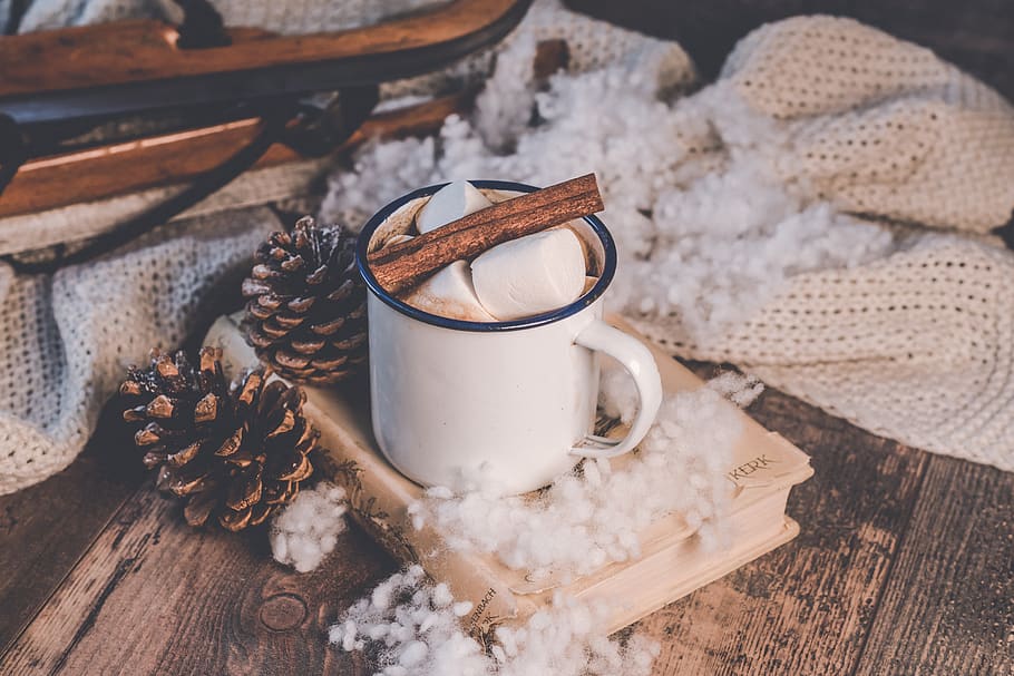 musim dingin, latar belakang, kopi, marshmallow, kayu manis, dingin, salju, natal, desember, liburan