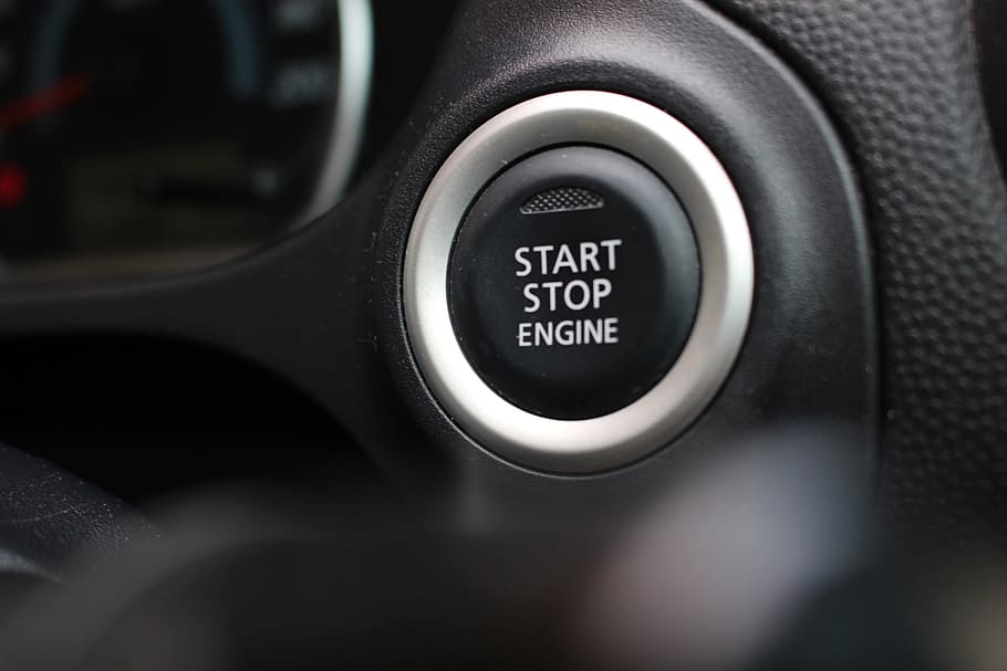 começo, parar, botão do motor, moderno, carro, painel de instrumentos, motor, botão, novo, dirigir