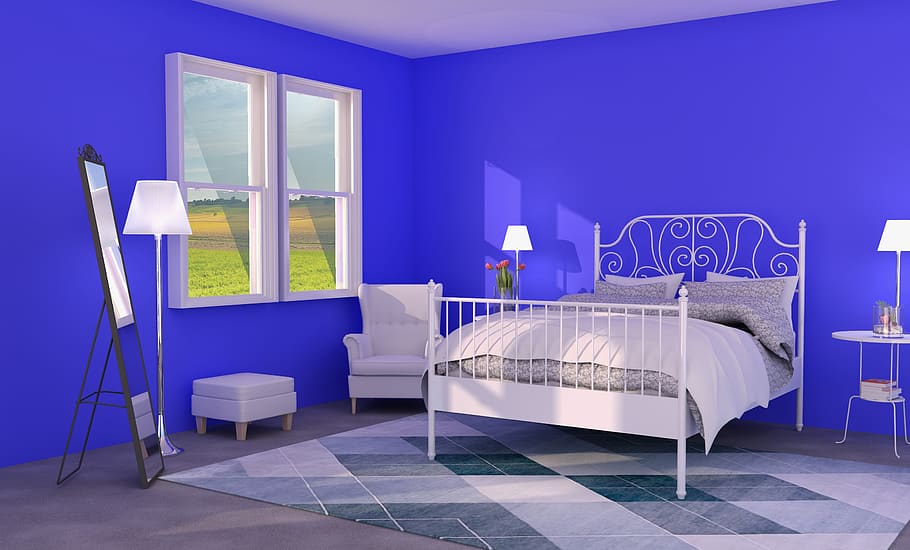 interior, bedroom, furniture, blue, wall, room, carpet, domestic room, home interior, modern