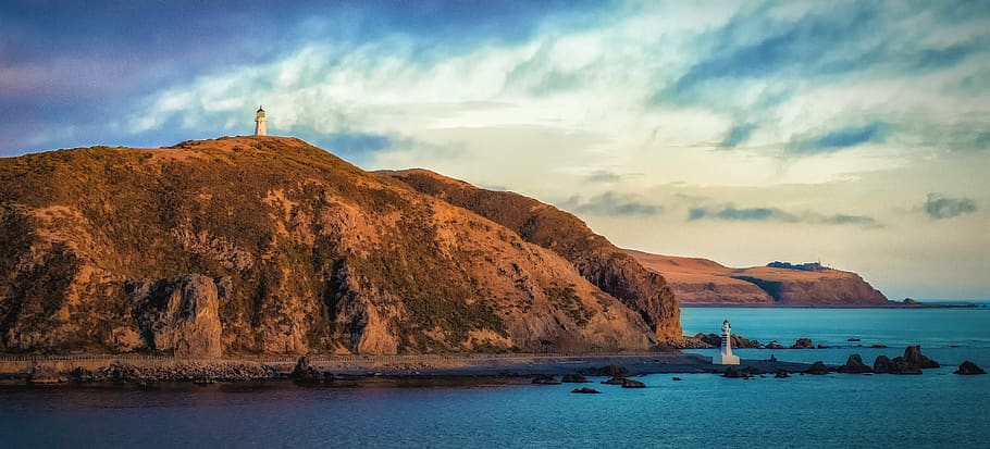 new zealand, coast, coastline, water, sea, lighthouse, cloud, seascape, landscape, wellington