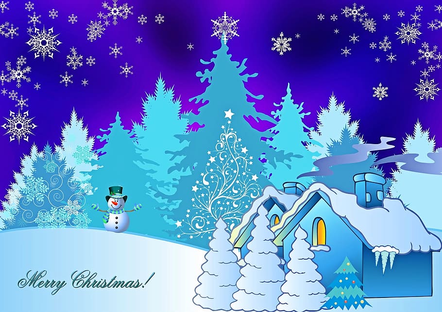 christmas, event, card, invitation, tree, blue, snow, nature, cold temperature, celebration