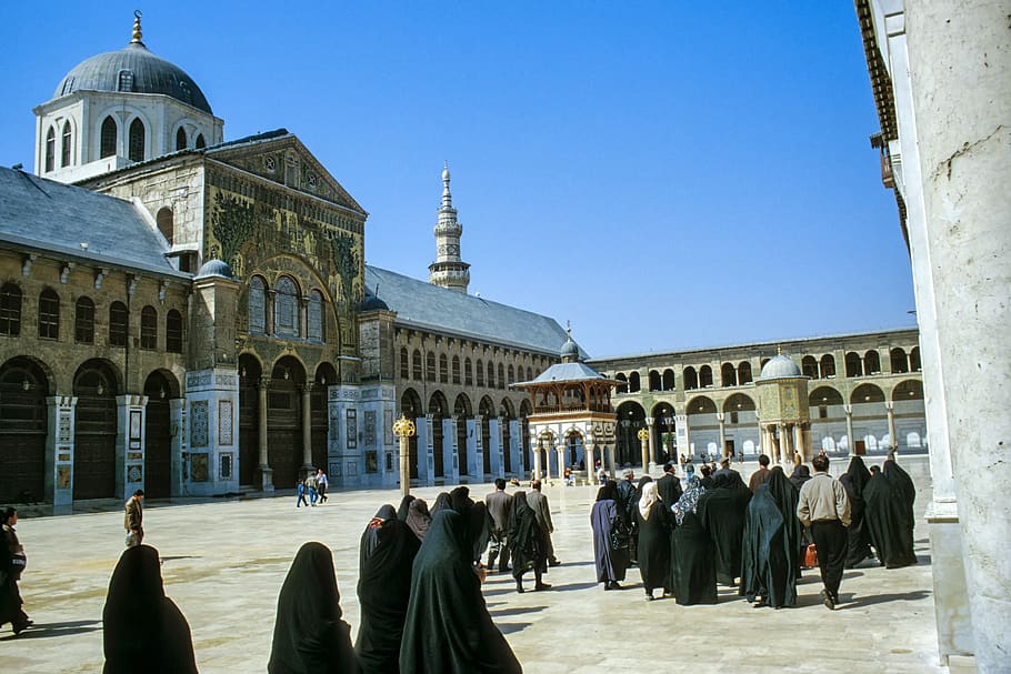 syria, damascus, omejaden, mosque, islam, architecture, history, building exterior, group of people, built structure