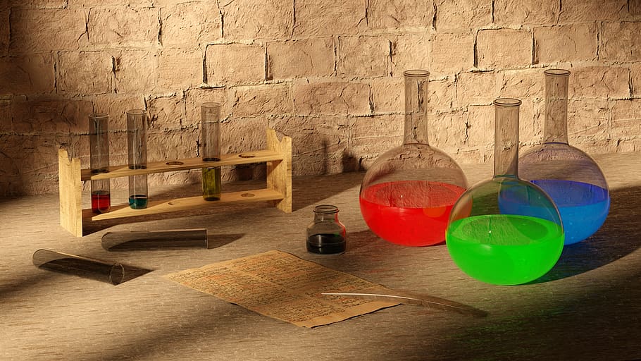 chemistry, science, antique, bottles, test tube, 3d, multi colored, wall - building feature, indoors, still life