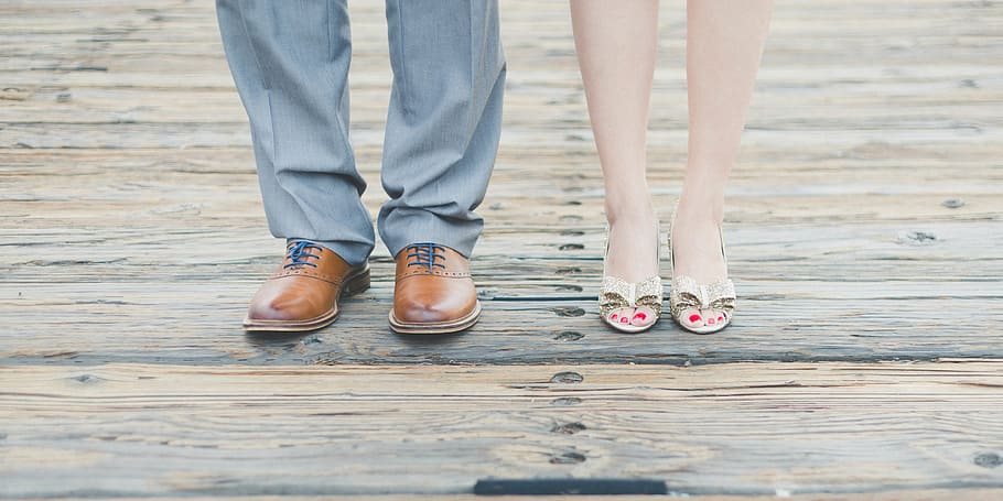 people, man, woman, couple, formal, sandals, leather, shoes, wood, floor