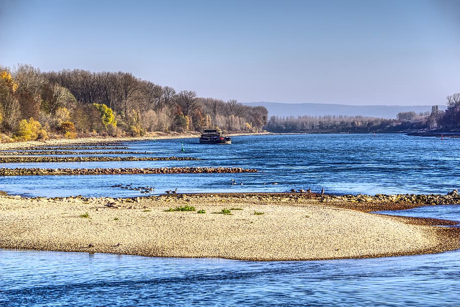 rhine, low tide, drought, lack of water, dehydrated, riverbed, pebble, gravel, hdr, drama