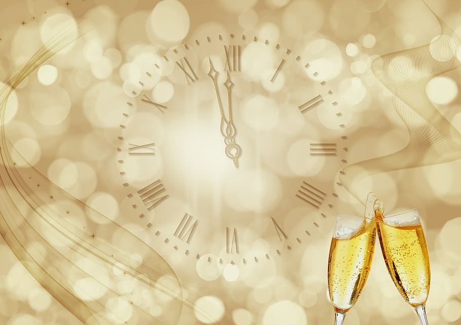 clock, champagne, new year's day, new year's eve, new year greeting, bokeh, noble, decorative, shining, background