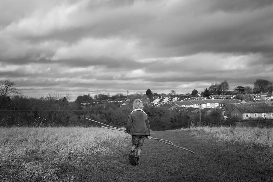 boy, walking, hike, tired, child, people, black and white, clouds, cloud - sky, rear view