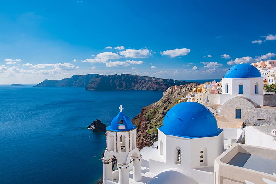 santorini en grecia, naturaleza, griego, estructura construida, exterior del edificio, arquitectura, religión, cúpula, lugar de culto, azul