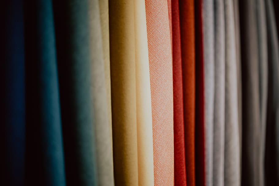 berwarna-warni, sampel kain pelapis, bahan, tekstil, gorden, kain, multi-warna, full frame, close-up, pilihan