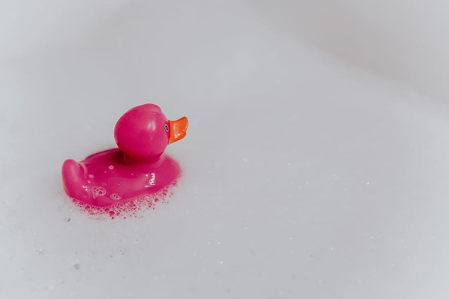 rosa, patito de goma, espuma, pato de goma, pato rosa, pompas de jabón, juguete, juguete de goma, baño, en el interior