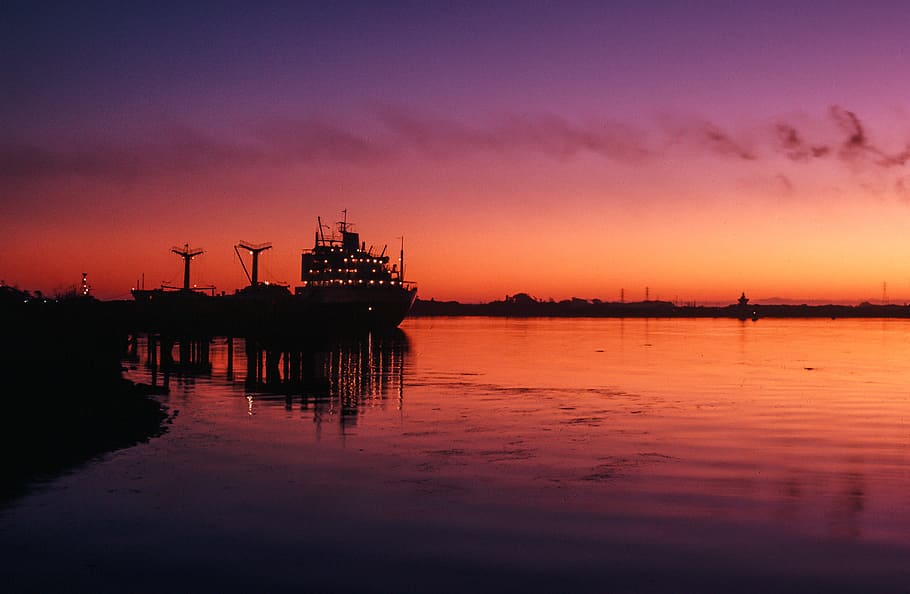 cranes, transport ship, docked, harbor, sunset, bay, coast, dock, landscape, ocean